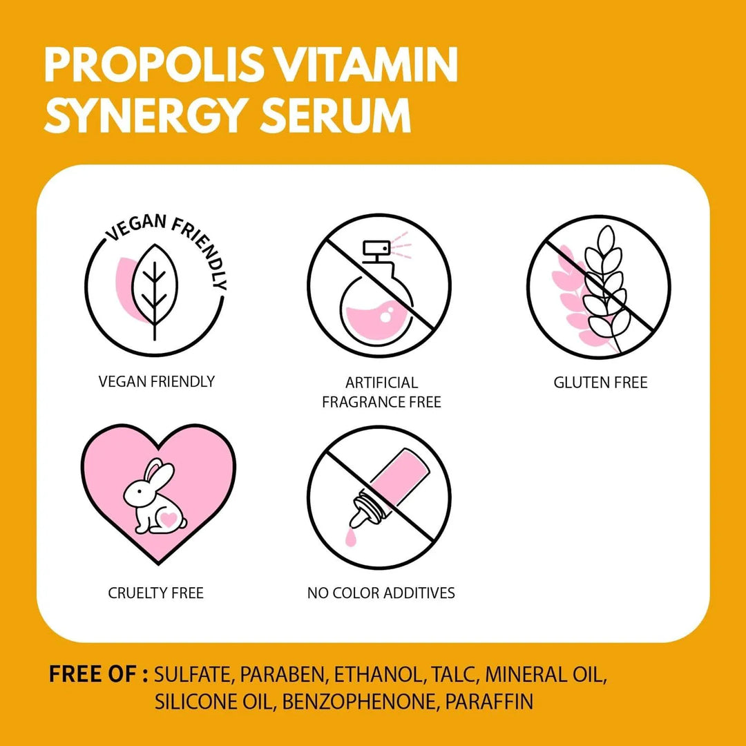 iUNIK Propolis Vitamin Synergy Serum benefits chart showing vegan, cruelty free, fragrance and gluten free, no color additives, sold at Me Time Groningen Korean skincare Nederland.
