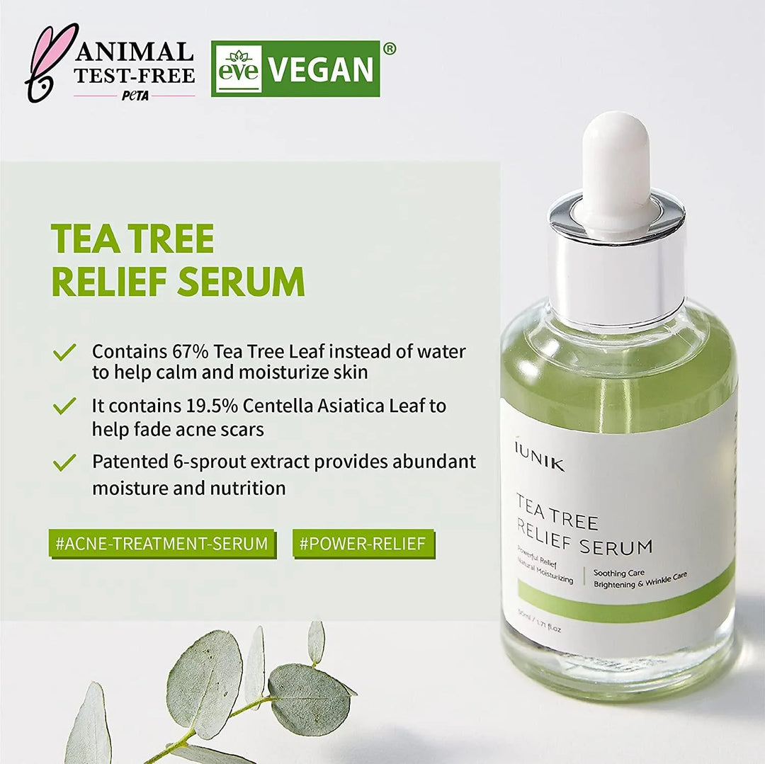 iUNIK Tea Tree Relief Serum bottle with vegan and animal test-free labels, Korean skincare Netherlands