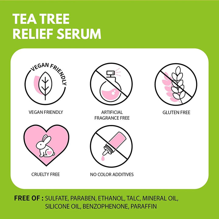 iUNIK Tea Tree Relief Serum features vegan, cruelty free, gluten free, and fragrance free icons.