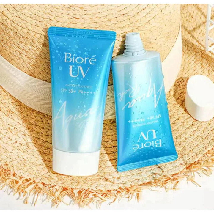 Biore UV Aqua Rich Watery Essence SPF 50 Korean sunscreen on straw hat, Me Time Groningen