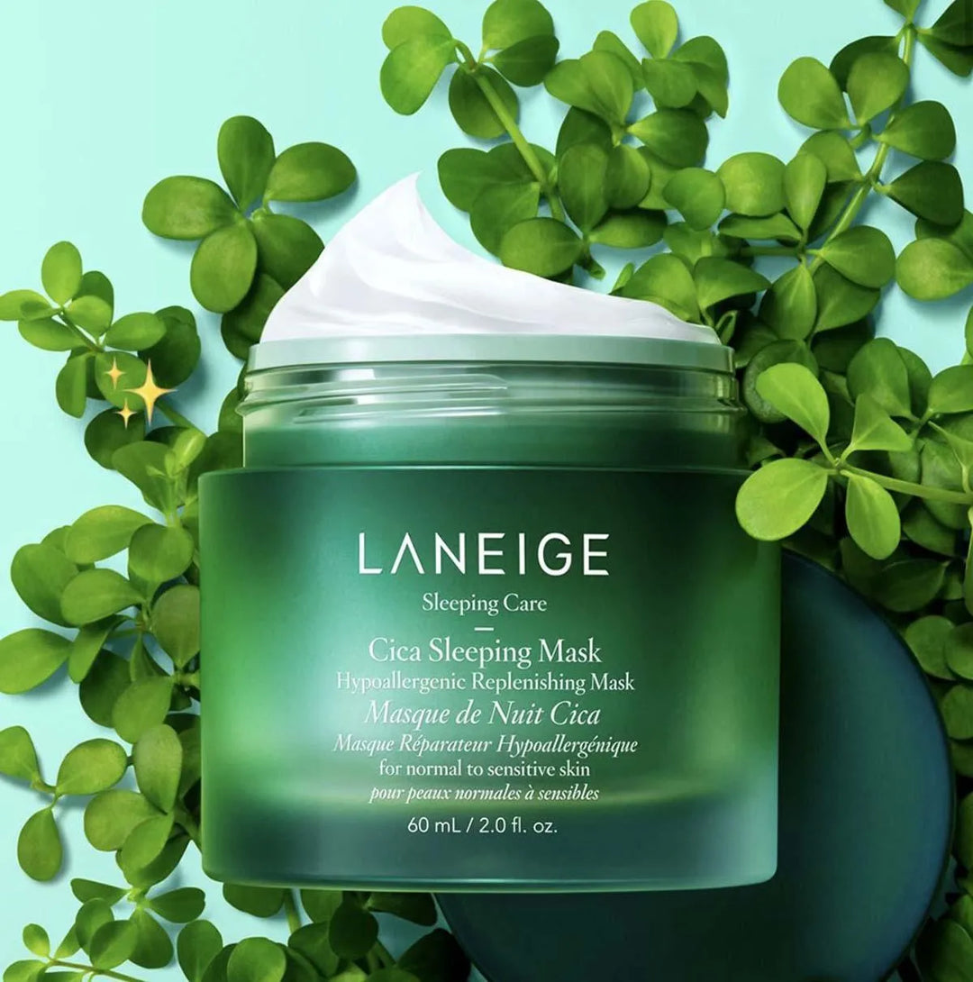Laneige Cica Sleeping Mask jar on green leaves, Korean skincare at Me Time Groningen