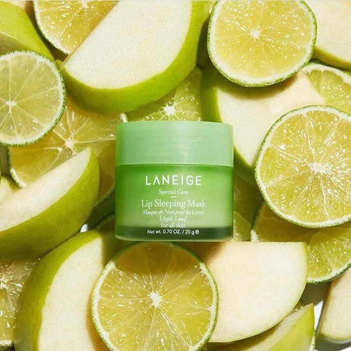Laneige Lip Sleeping Mask Apple Lime on sliced apples and limes, Korean skincare Nederland
