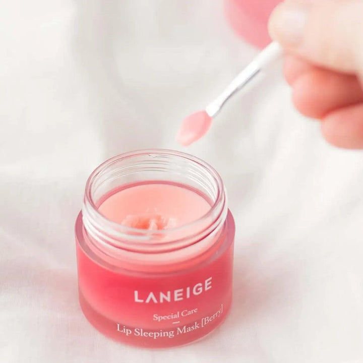 Laneige Lip Sleeping Mask Berry jar with applicator on white, Korean skincare product