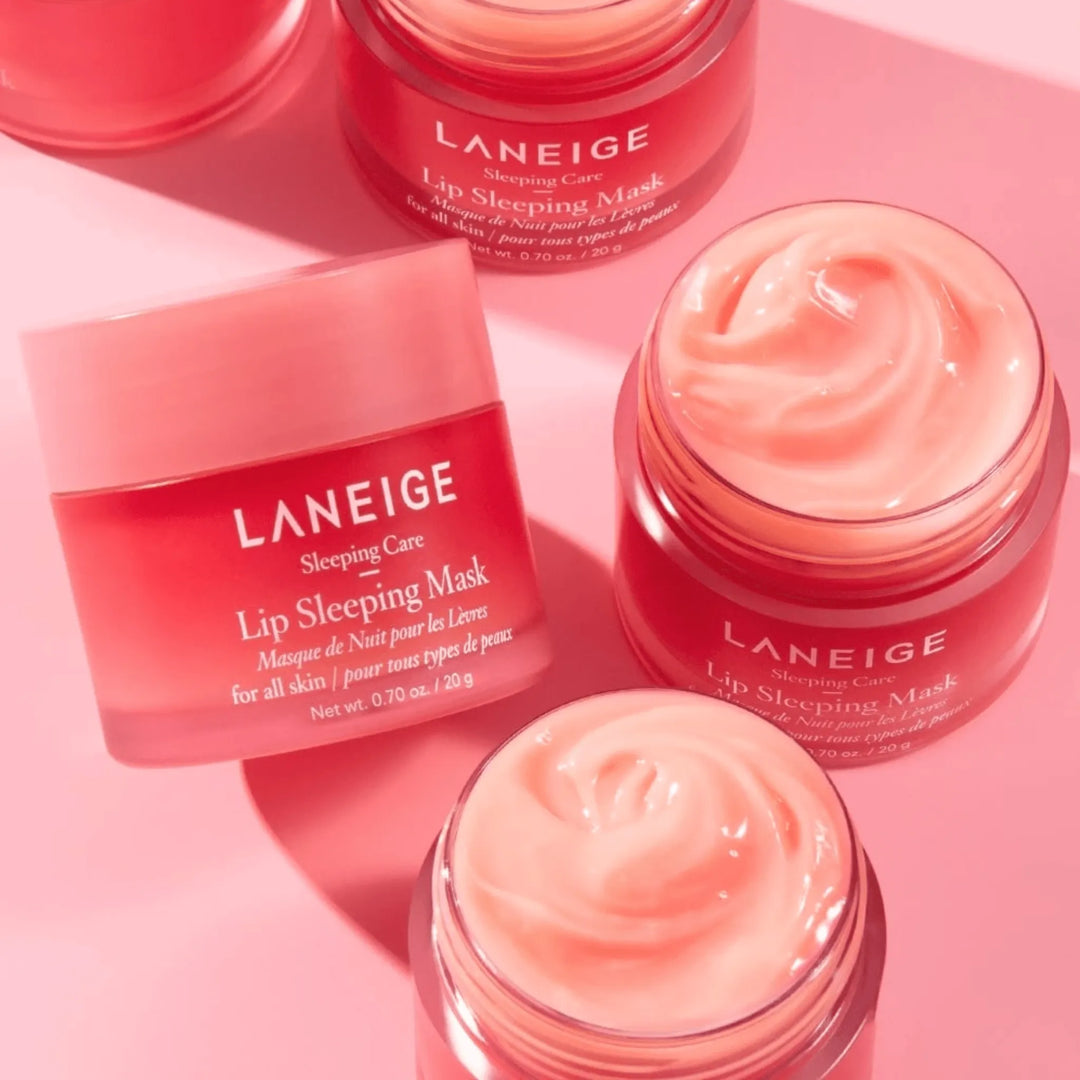 Laneige Lip Sleeping Mask EX Berry jars on pink background, Korean skincare at Me Time Groningen