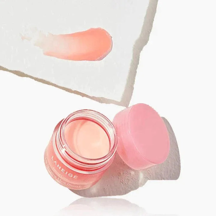 LANEIGE Lip Sleeping Mask Grapefruit Korean skincare product jar and swatch on white background