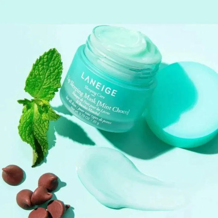 Laneige Lip Sleeping Mask Mint Choco on light background with mint leaves and chocolate chips, Korean skincare Me Time Groningen