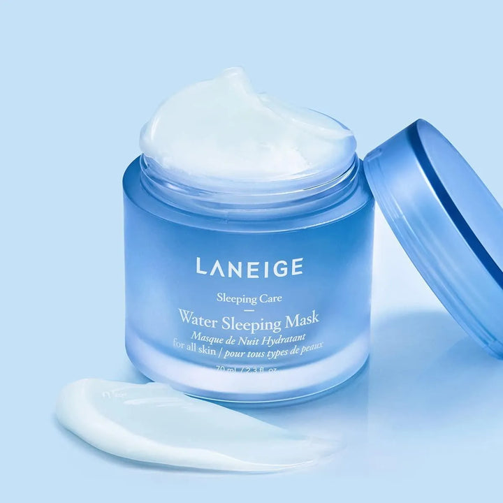 Laneige Water Sleeping Mask jar open with light blue hydrating cream, Korean skincare Me Time Groningen
