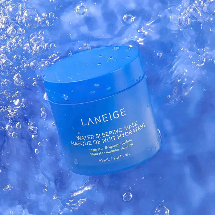 Laneige Water Sleeping Mask on blue water with bubbles, Korean skincare at Me Time Groningen