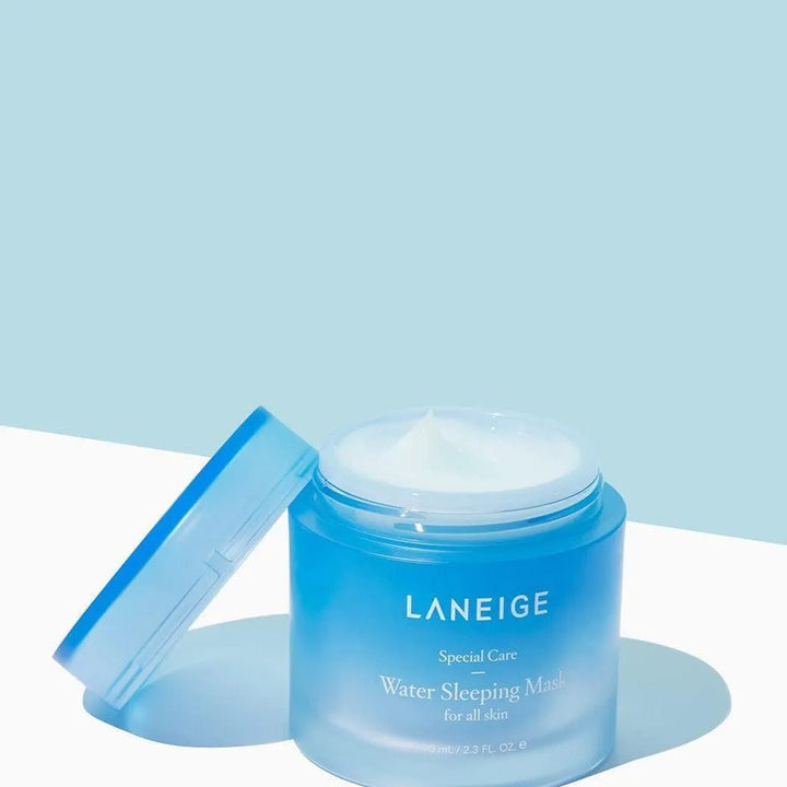 Laneige Water Sleeping Mask Korean skincare jar open on light blue background at Me Time Groningen