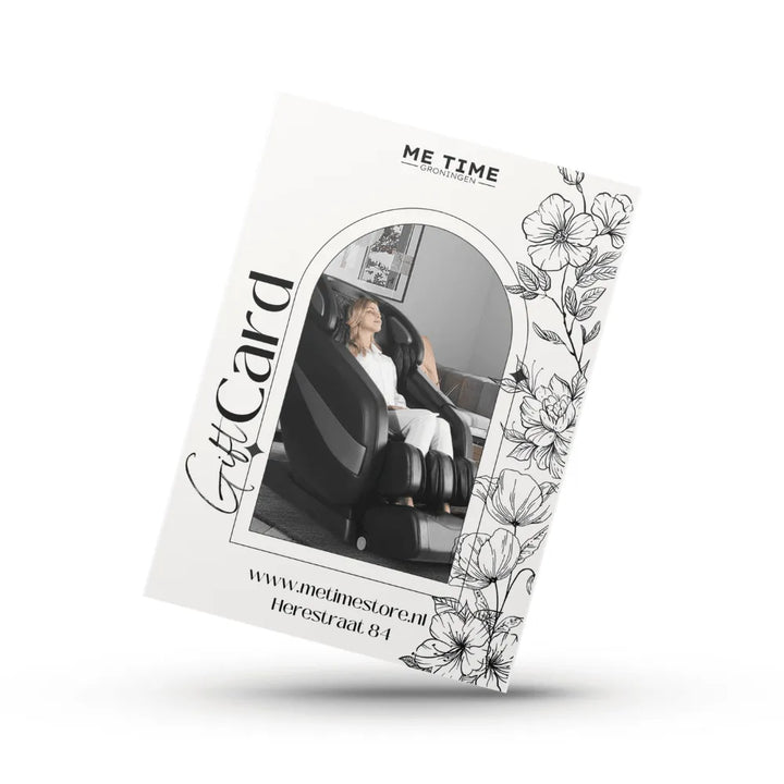 Me Time Groningen massage chair gift card with floral design and woman relaxing in chair.