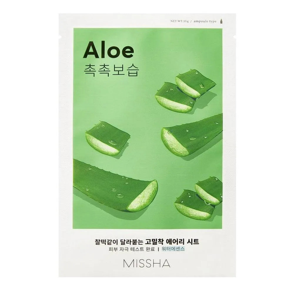 Missha Airy Fit Aloe sheet mask Korean skincare product with aloe slices on green packaging.
