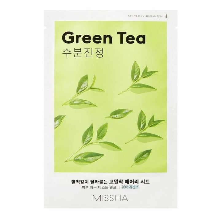 Missha Airy Fit Sheet Mask Green Tea Korean skincare product, green leaves on packaging