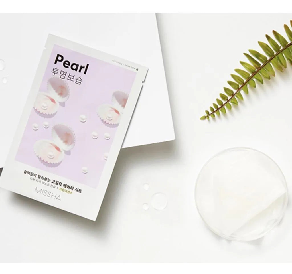 MISSHA Airy Fit Sheet Mask Pearl Korean skincare on white background with leaf and dish, Me Time Groningen