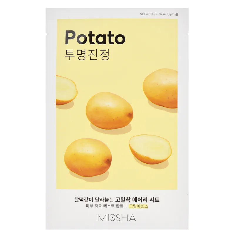 MISSHA Airy Fit Sheet Mask Potato Korean skincare product on yellow background, Me Time Groningen