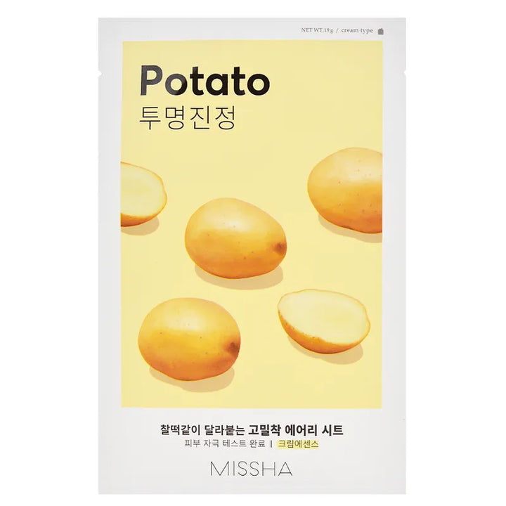 MISSHA Airy Fit Sheet Mask Potato Korean skincare product on yellow background, Me Time Groningen