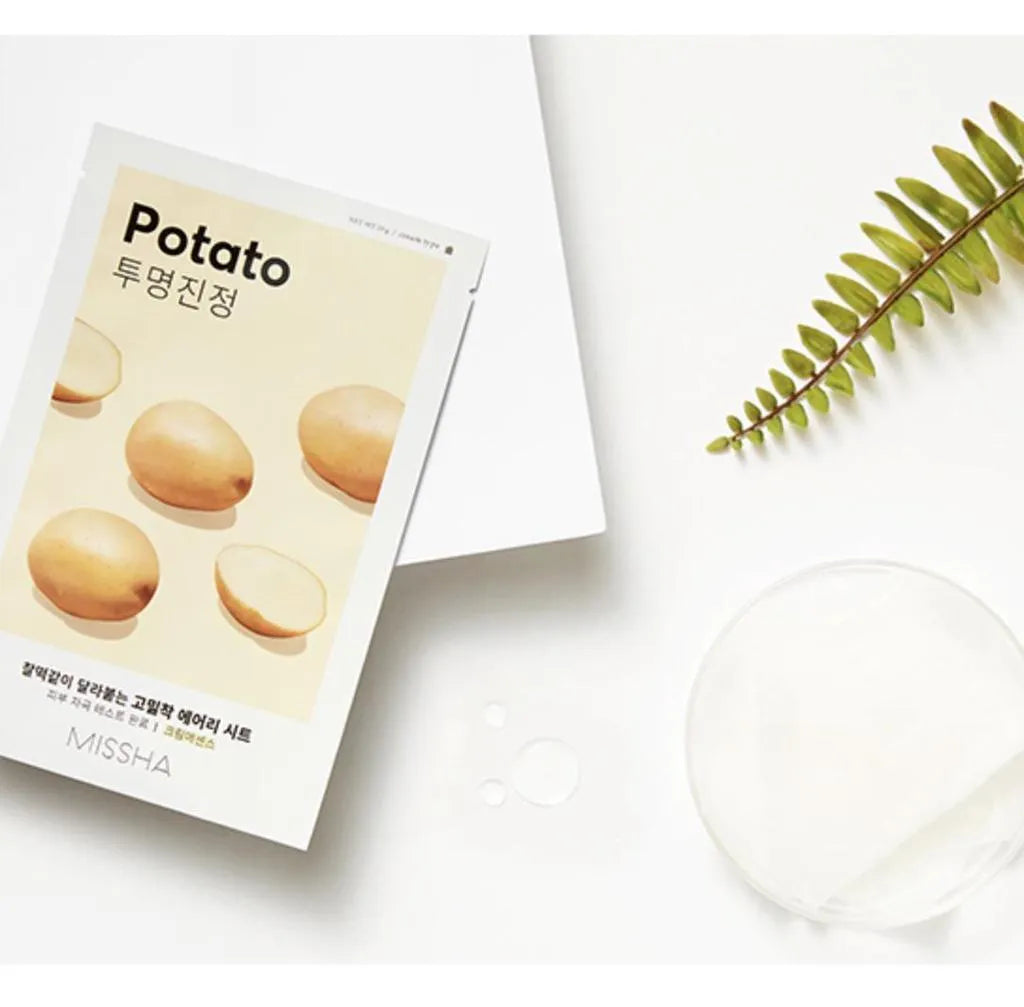MISSHA Airy Fit Potato sheet mask with natural leaf on white background, Korean skincare Me Time Groningen