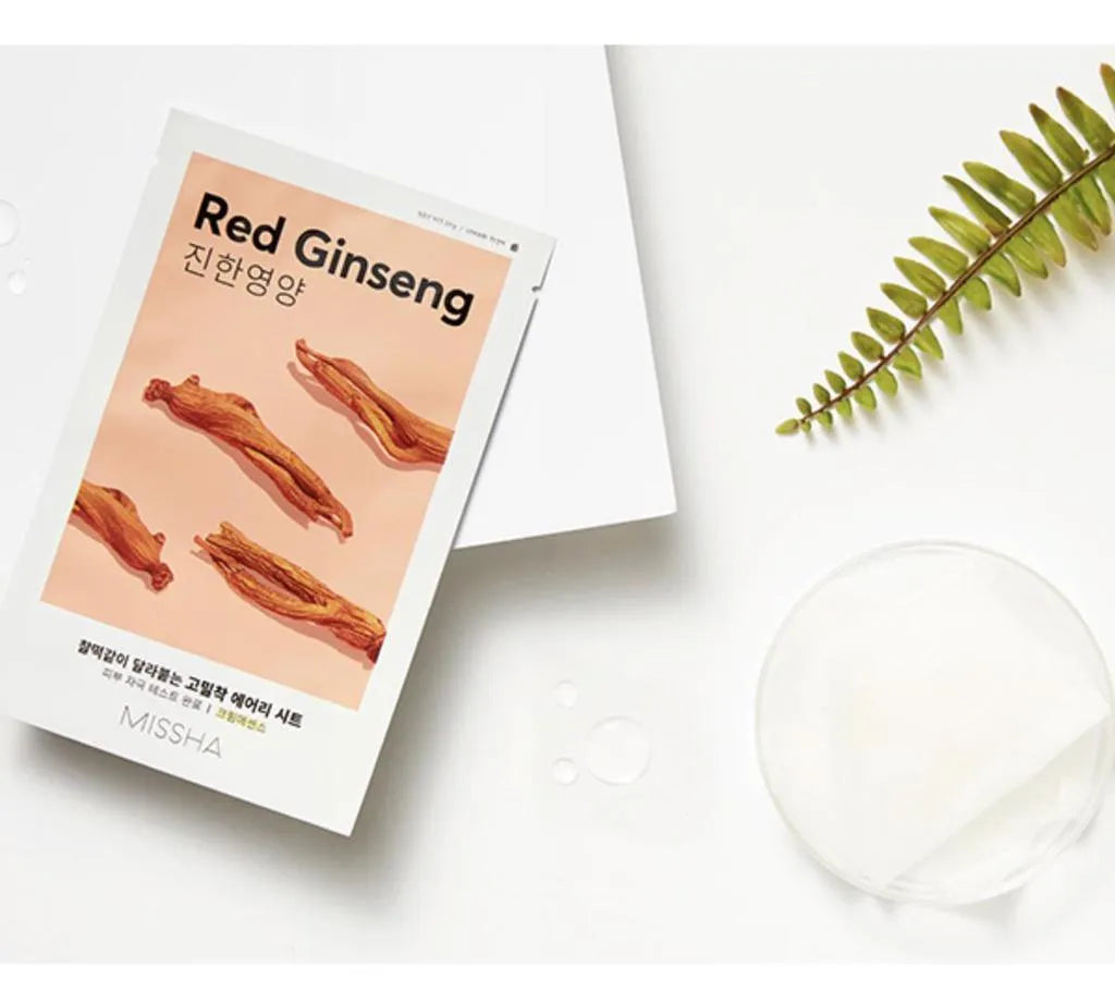 MISSHA Airy Fit Red Ginseng sheet mask on white background, Korean skincare at Me Time Groningen