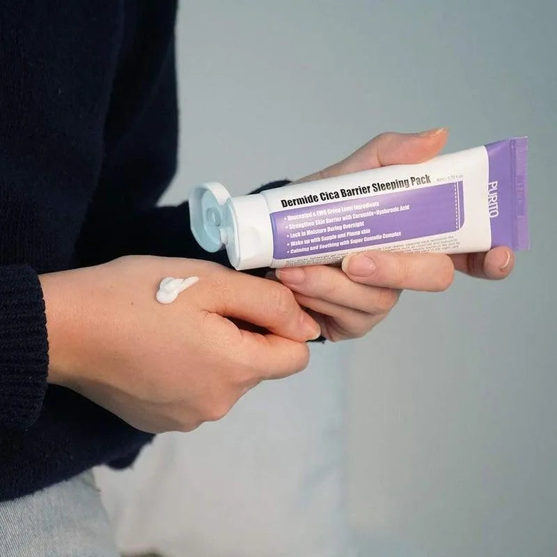 Person applying Purito Dermide Cica Barrier Sleeping Pack, Korean skincare, Me Time Groningen