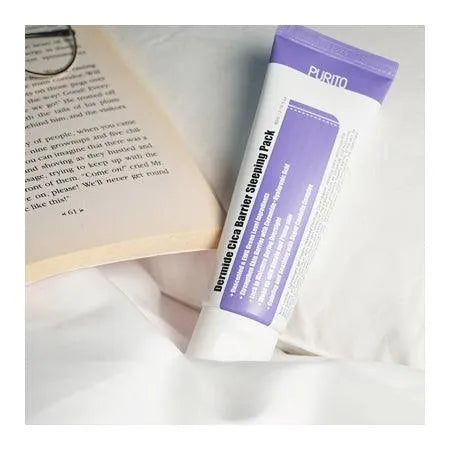 Purito Dermide Cica Barrier Sleeping Pack on white bedding with a book, Korean skincare Nederland