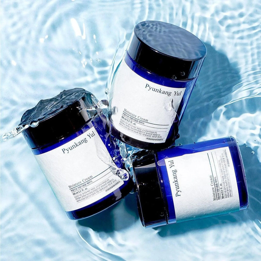 Pyunkang Yul Moisture Cream jars in water, Korean skincare, Me Time Groningen