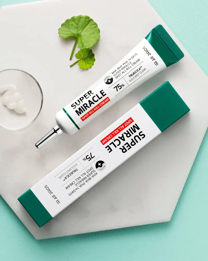 SOME BY MI Super Miracle Spot All Kill Cream tube and box with gel and Centella leaves, Korean skincare Me Time Groningen