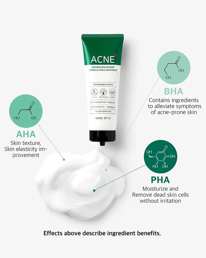 Some By Mi AHA BHA PHA 30 Days Miracle Acne Clear Foam tube and texture, Korean skincare at Me Time Groningen