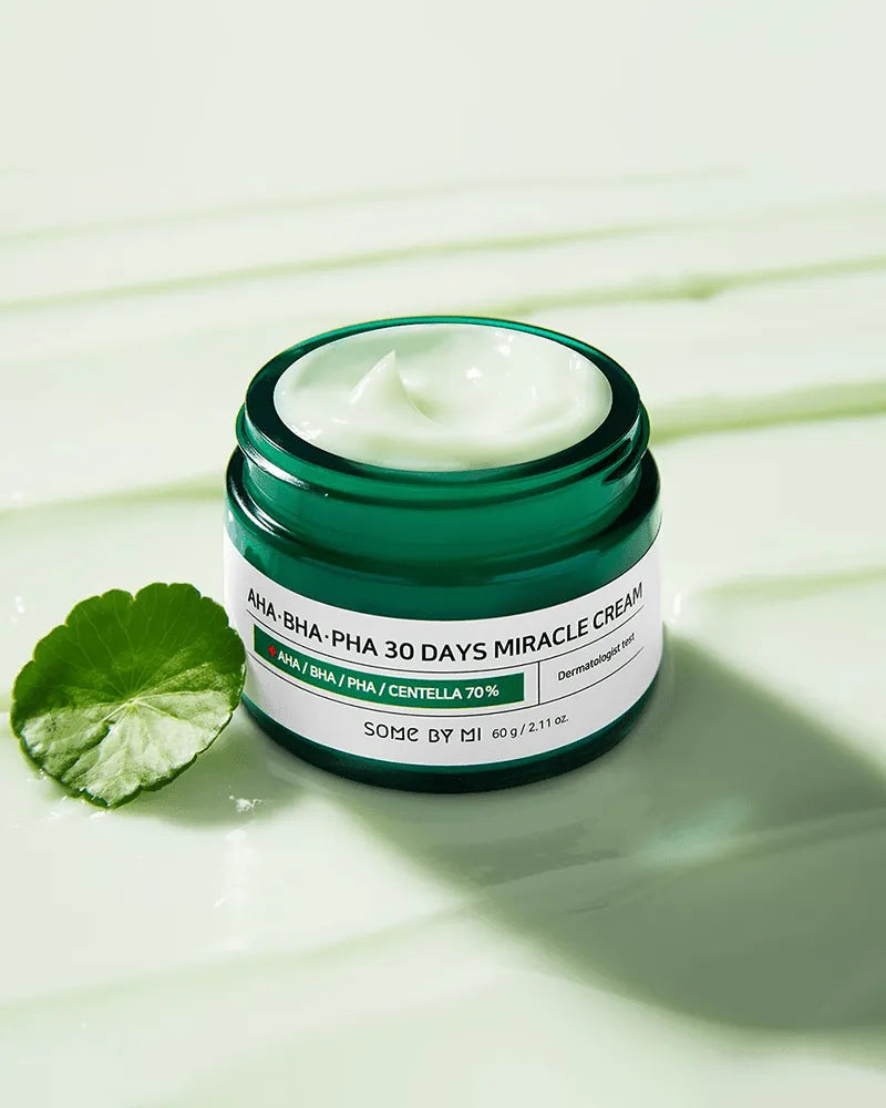 Some By Mi AHA BHA PHA 30 Days Miracle Cream jar with centella leaf, Korean skincare at Me Time Groningen