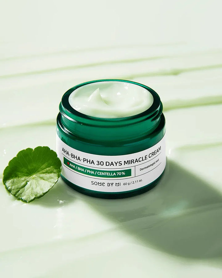 Some By Mi AHA BHA PHA 30 Days Miracle Cream jar with centella leaf, Korean skincare at Me Time Groningen