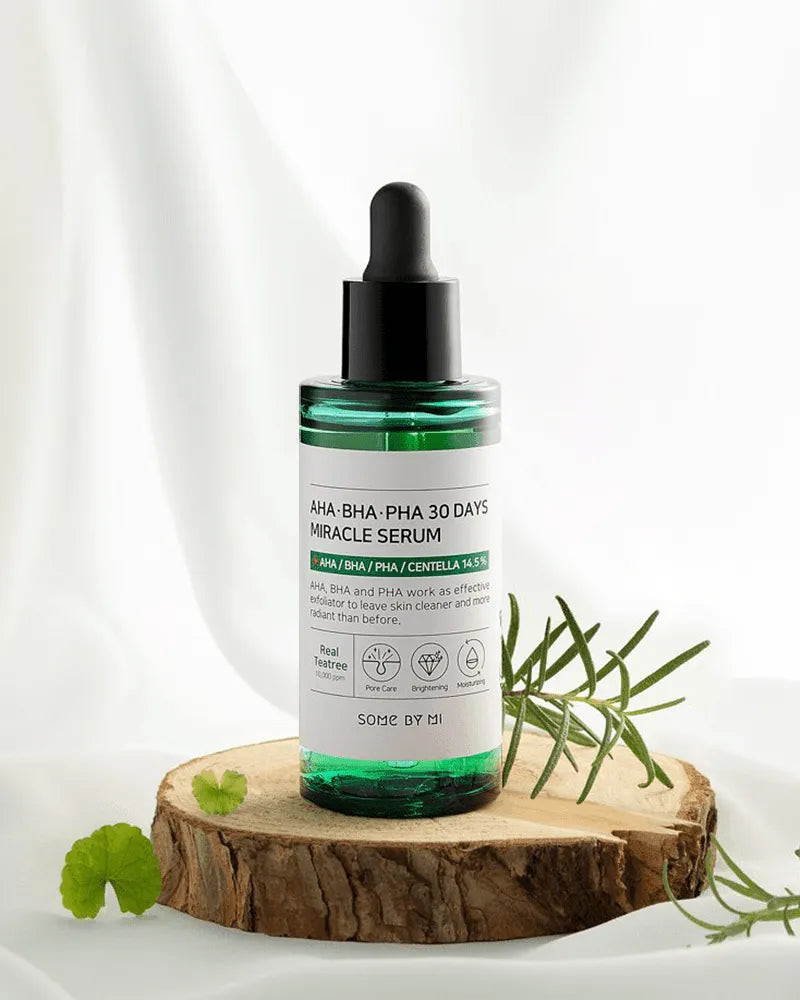 Some By Mi AHA BHA PHA 30 Days Miracle Serum on wood with herbs, Korean skincare Nederland