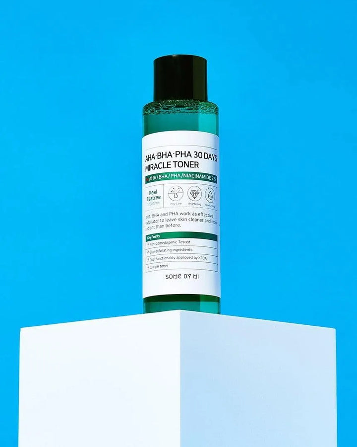 SOME BY MI AHA BHA PHA 30 Days Miracle Toner bottle on white stand, Korean skincare Groningen