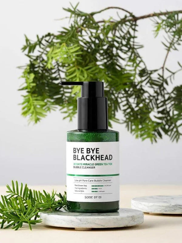SOME BY MI Bye Bye Blackhead green tea bubble cleanser on marble with greenery, Korean skincare at Me Time Groningen