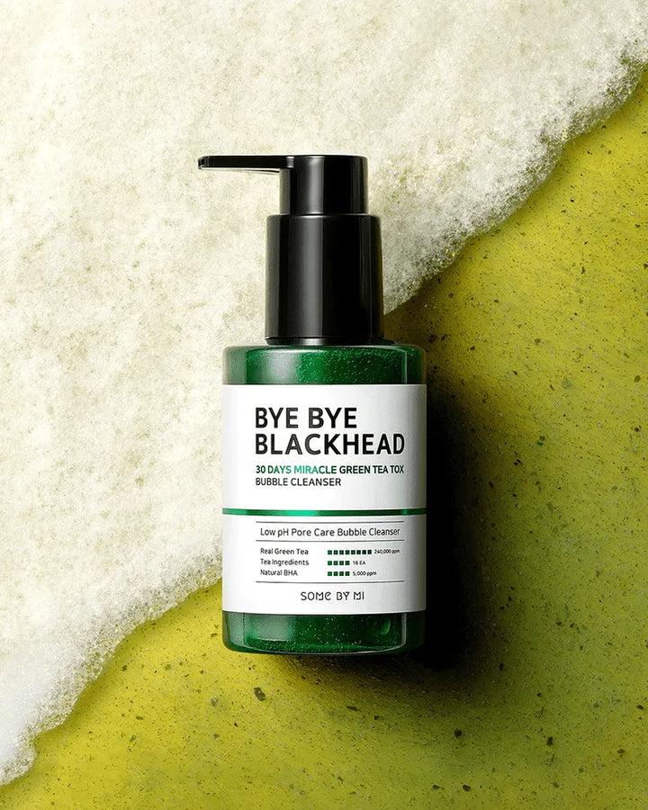 Some By Mi Bye Bye Blackhead Green Tea Bubble Cleanser on foamy green background at Me Time Groningen, Korean skincare Nederland