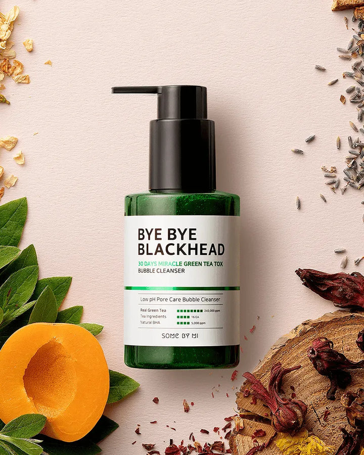 Some By Mi Bye Bye Blackhead Green Tea Bubble Cleanser bottle with natural ingredients, Korean skincare.