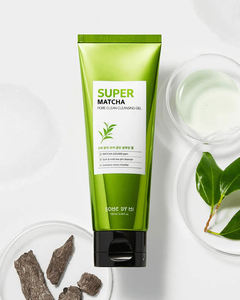 Some By Mi Super Matcha Pore Clean Cleansing Gel on white background with matcha and plant elements, Korean skincare at Me Time Groningen.