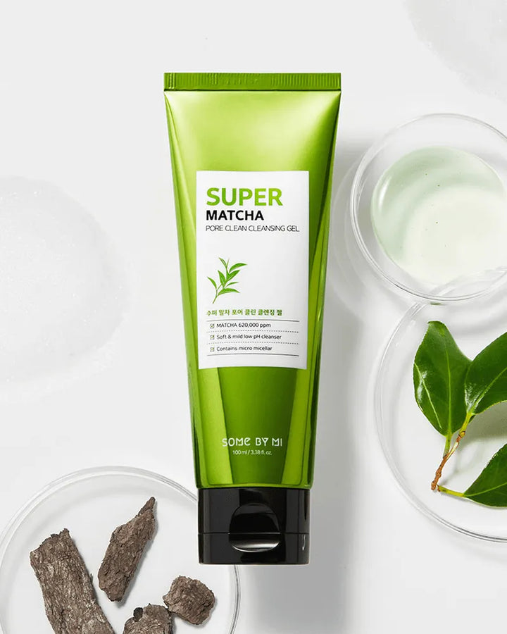 Some By Mi Super Matcha Pore Clean Cleansing Gel on white background with matcha and plant elements, Korean skincare at Me Time Groningen.