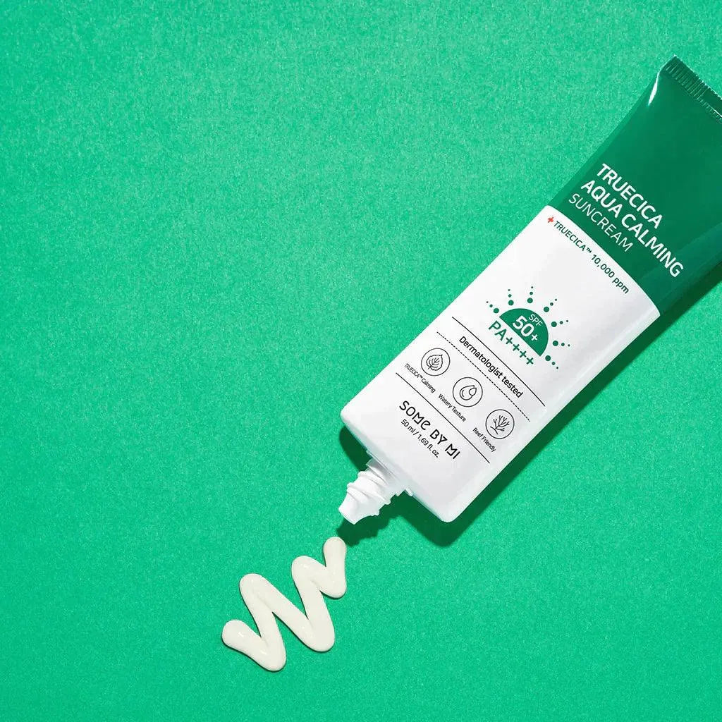 SOME BY MI Truecica Aqua Calming Suncream SPF50 Korean skincare tube on green background, Me Time Groningen