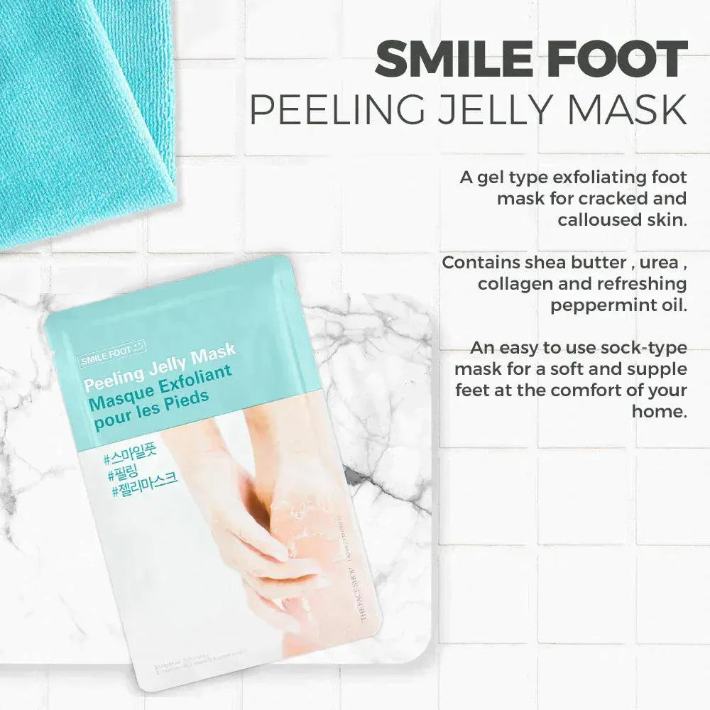 Smile Foot Peeling Jelly Mask Korean skincare product on marble tile, Me Time Groningen