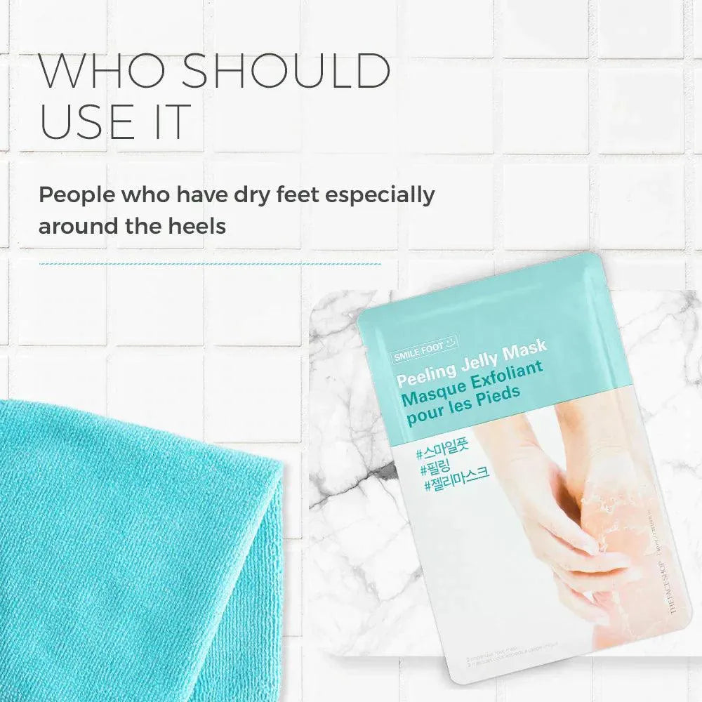 Korean foot peeling jelly mask for dry heels, on tile with blue towel, Me Time Groningen