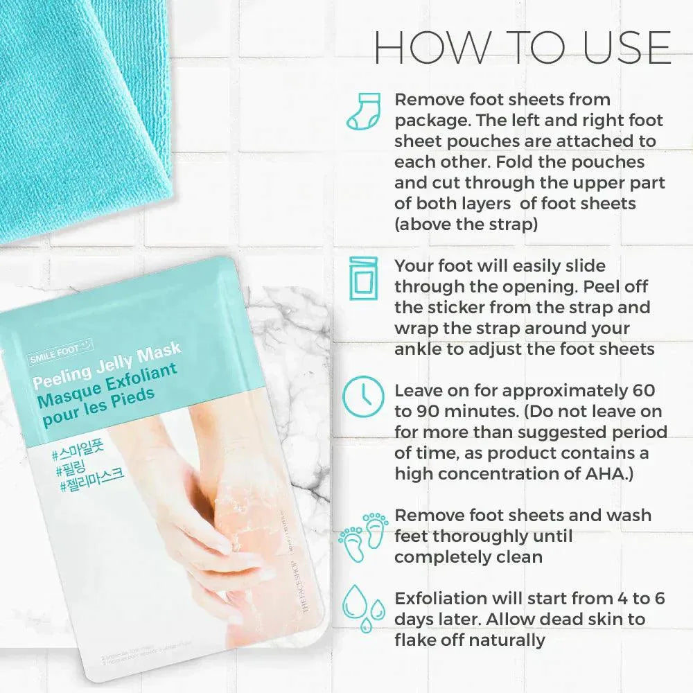The Face Shop Smile Foot Peeling Jelly Mask instructions with product pouch, Korean skincare Nederland