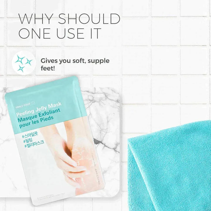 The Face Shop Smile Foot Peeling Jelly Mask, Korean skincare product on white tile at Me Time Groningen.